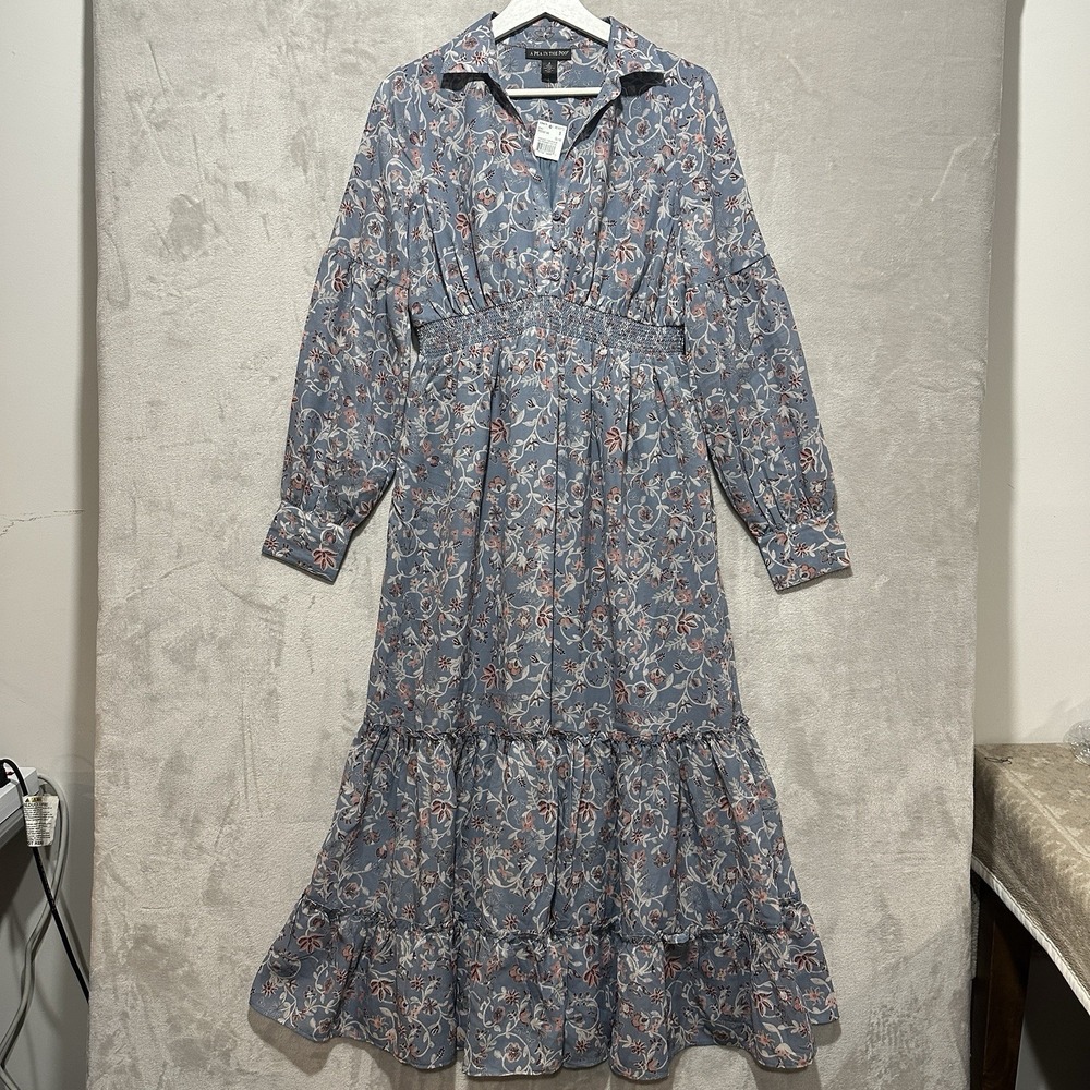 A Pea in the Pod Women's S Blue Floral Tiered Maxi Dress Button Front Collared